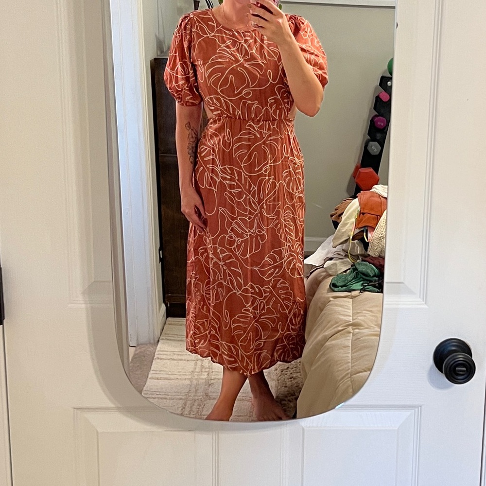Lush Orange Open Back Puff Sleeve Linen Midi Dress